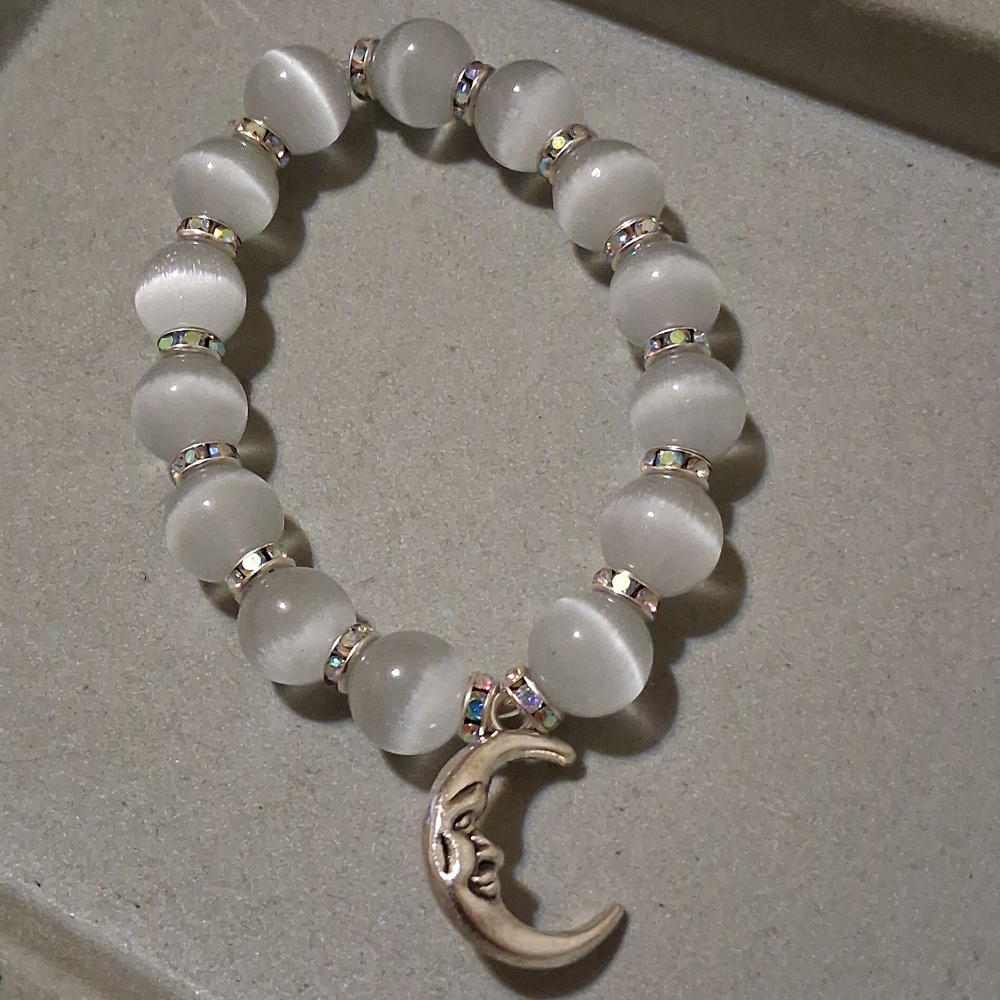 Moon Charm White Cats Eye Beaded Stretch Bracelet